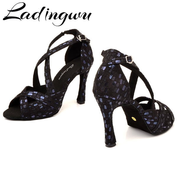 Ladingwu New Dance Shoes Women Profession Ballroom Dance Shoes Salsa Women Black Gold Suede Comfortable Soft Bottom Dance Sandal