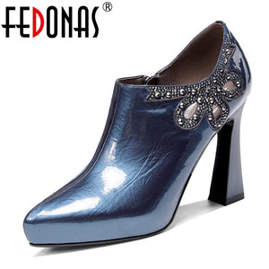 FEDONAS Rhinestone Fashion Women Pumps Spring Summer Prom High Heeled Shoes Woman Genuine Leather Pointed Toe Sexy Female Pumps