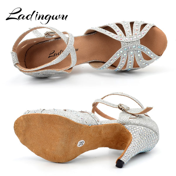 Ldaingwu New Golden/Silver Shoes For Ballroom Dancing Woman Flash Cloth Collocation Shine Rhinestone Latin Dance Shoes Women's