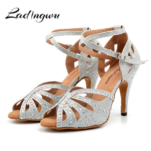 Ldaingwu New Golden/Silver Shoes For Ballroom Dancing Woman Flash Cloth Collocation Shine Rhinestone Latin Dance Shoes Women's