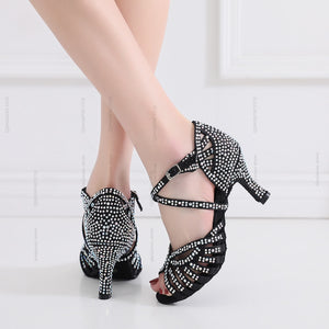 European Style Salsa Jazz Ballroom Latin Dance ladies Shoes For Dancing Women Czech Women Heel Rhinestones female Black Sandals