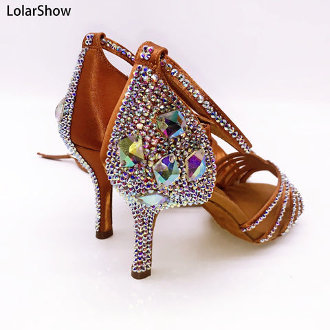 Leather Latin Dance Shoes with Rhinestone - Heels 3.5/4.5/5.5/7.5/8.5cm
