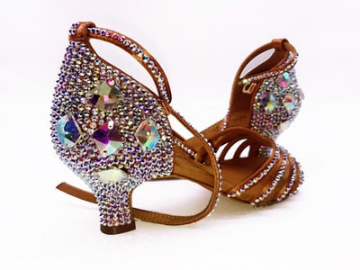 Leather Latin Dance Shoes with Rhinestone - Heels 3.5/4.5/5.5/7.5/8.5cm